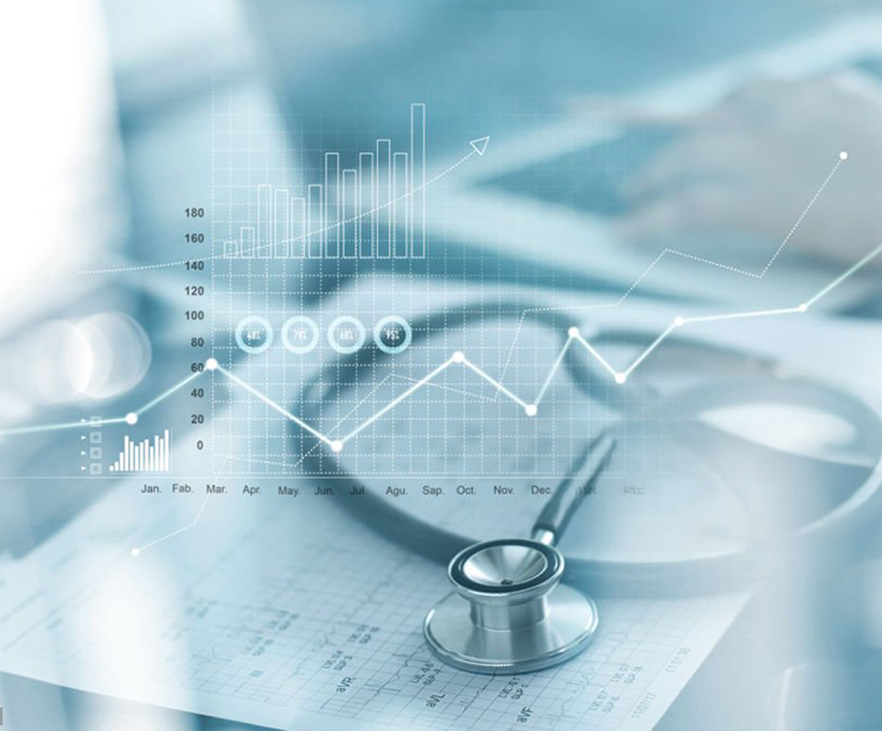 Stethoscope on medical documents, overlaid by images of graphs and charts to show Vee Healthtek’s analytics and data-driven, technology-enabled solutions